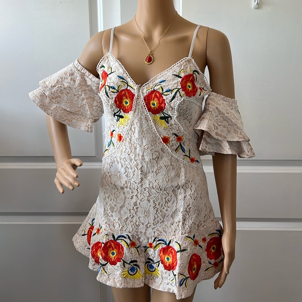 Ivory over nude lined embroidered dress tunic top S off shoulder back zip